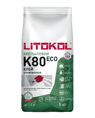 Клей беспылевой для плитки, керамогранита и камня LITOFLEX K80 ECO (класс С2 Е), 5 кг, LITOKOL